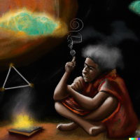 DALL·E 2022-07-19 11.45.51 - shaman's mathematical thoughts float in the sky as he sits calmly...png